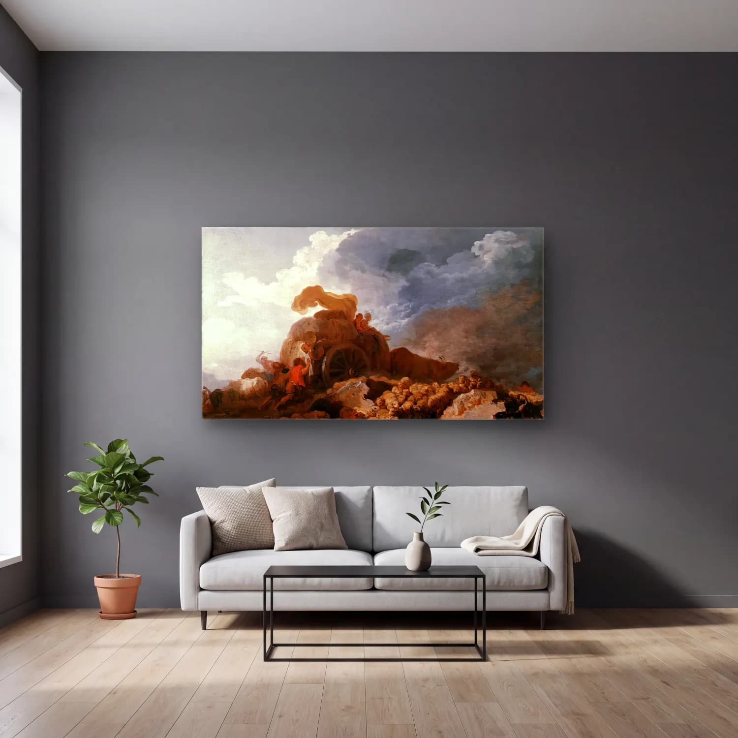 Jean-Honoré Fragonard – The Storm cam tablo — gri duvarlı salonda