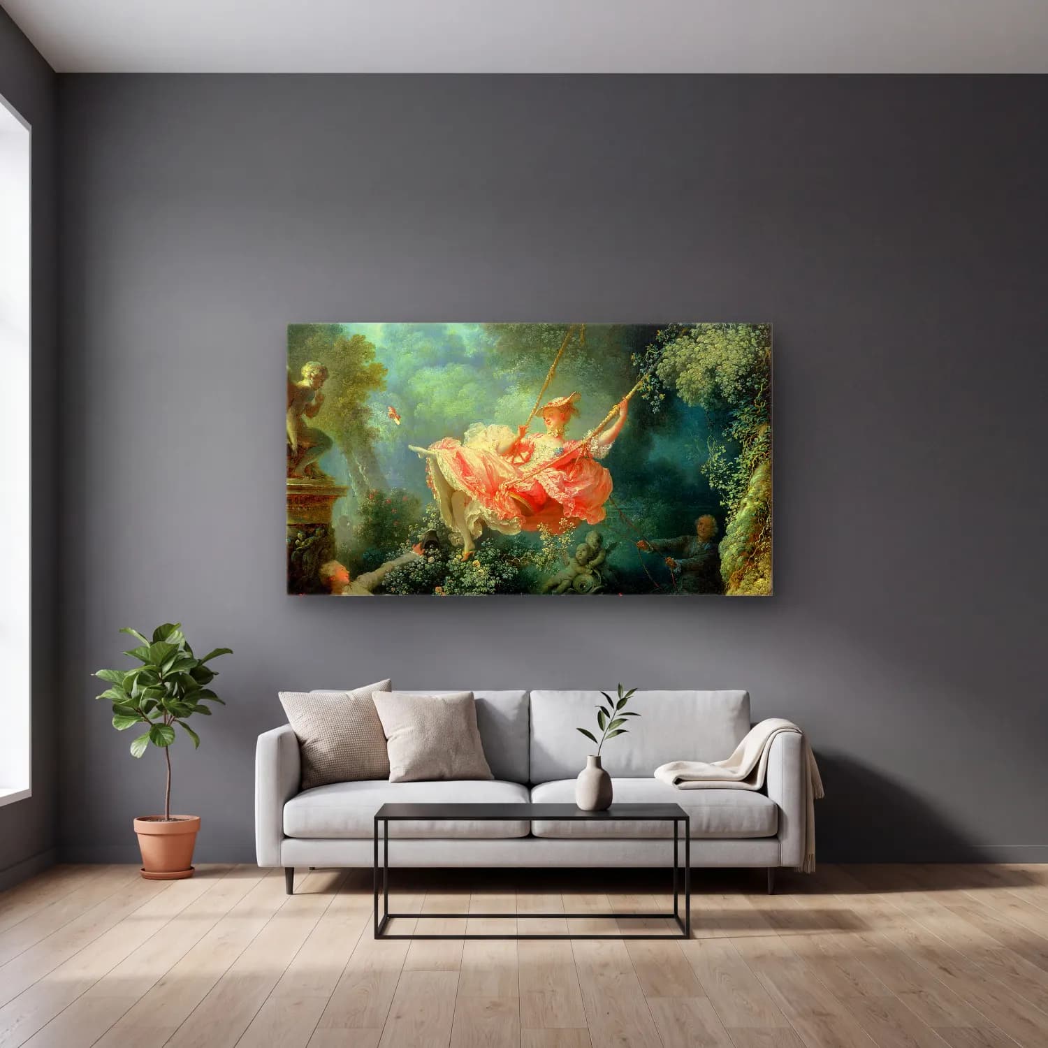 Jean-Honoré Fragonard – The Swing ii cam tablo — gri duvarlı salonda