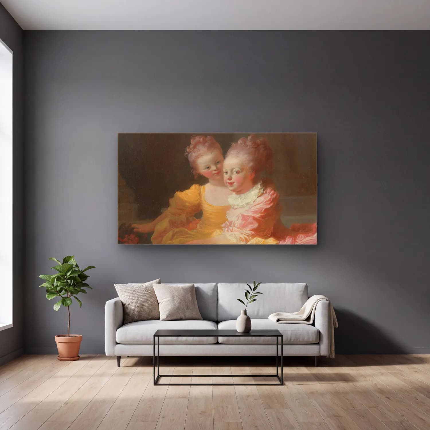 Jean-Honoré Fragonard – The Two Sisters cam tablo — gri duvarlı salonda