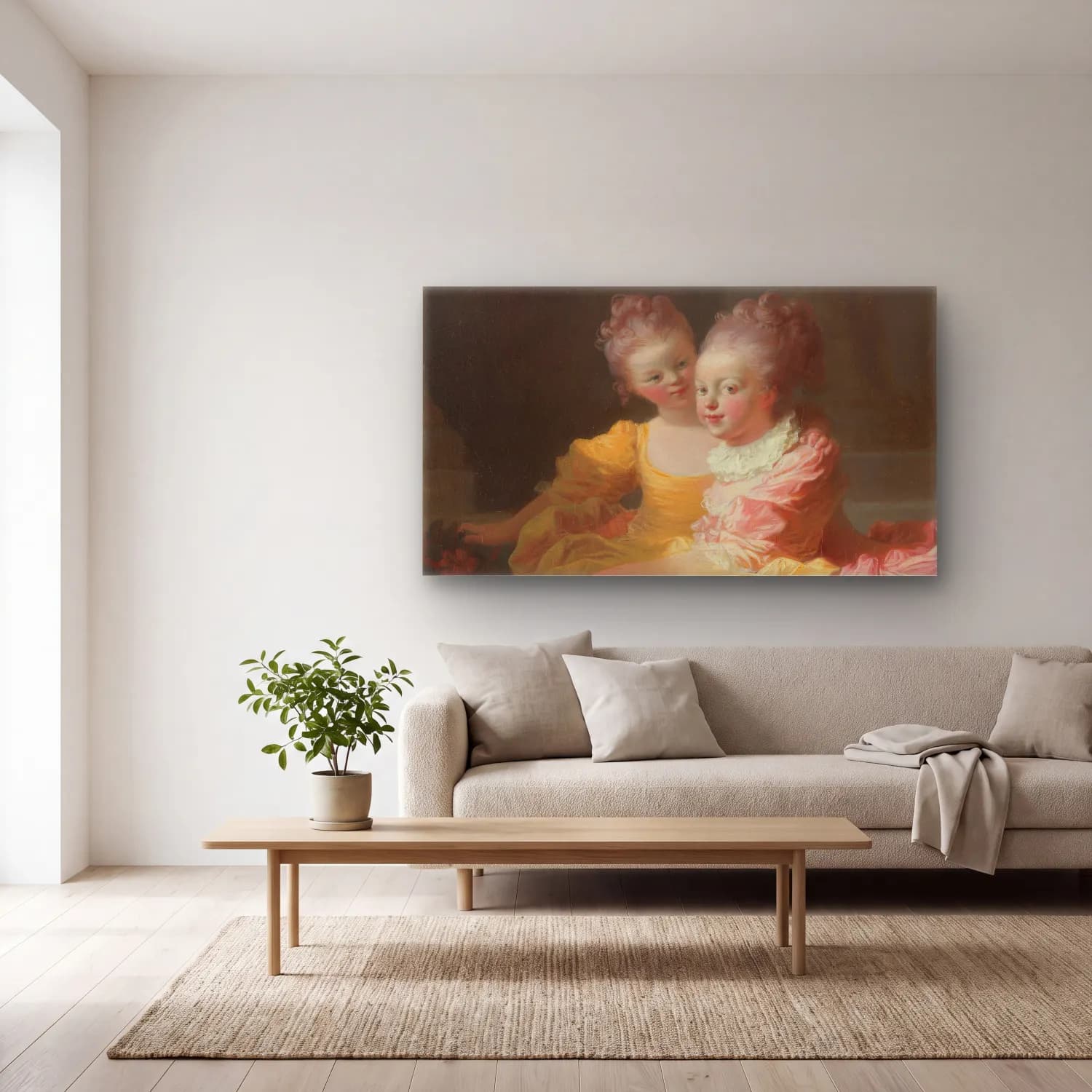 Jean-Honoré Fragonard – The Two Sisters cam tablo — açık renk salonda