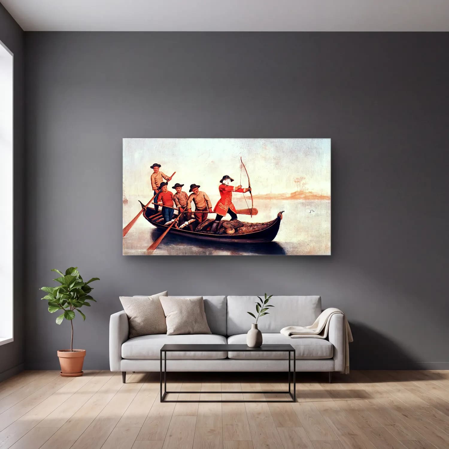 Pietro Longhi – Duck Hunters on the Lagoon cam tablo — gri duvarlı salonda