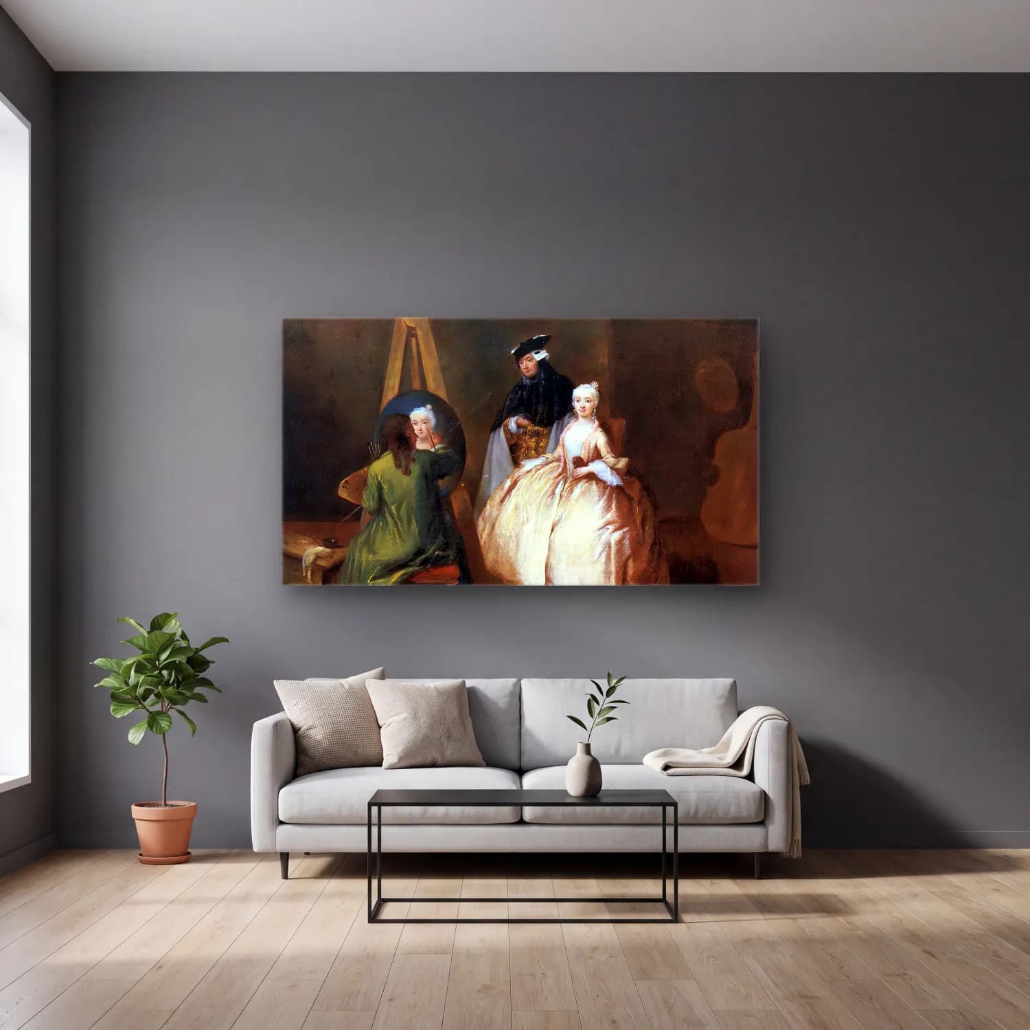 Pietro Longhi – Painter in his Studio cam tablo — gri duvarlı salonda