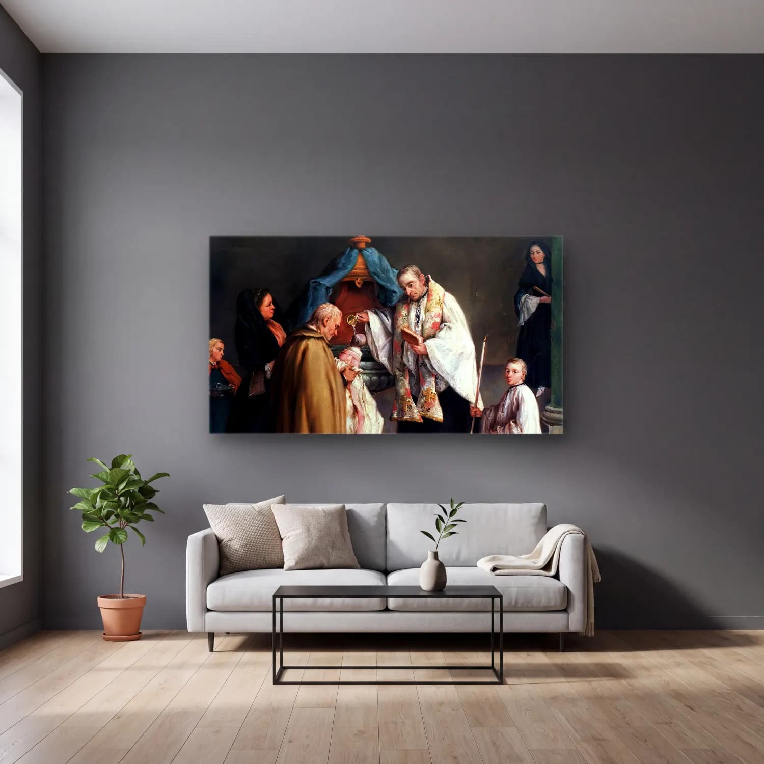 Pietro Longhi – The Baptism cam tablo — gri duvarlı salonda