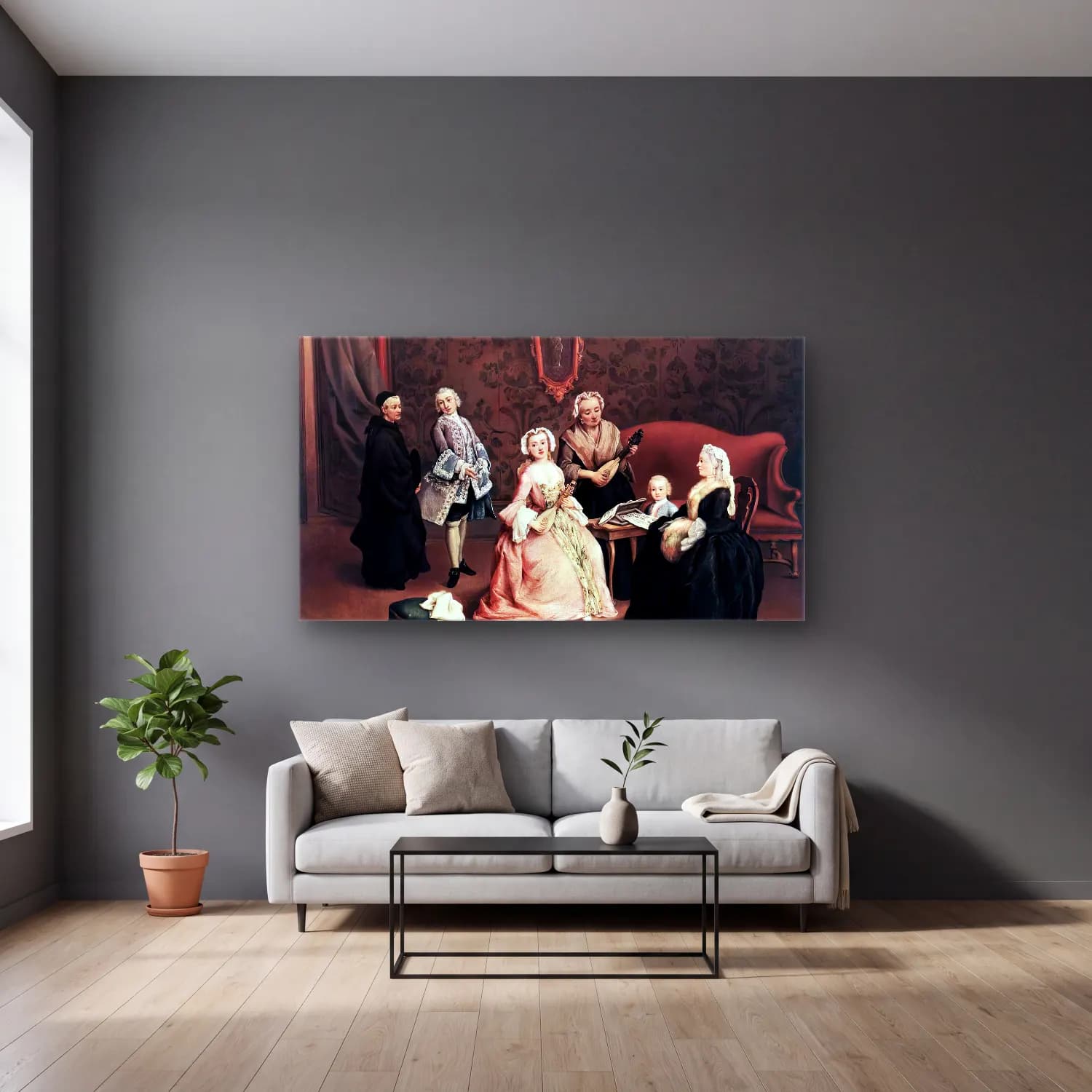 Pietro Longhi – The Little Concert cam tablo — gri duvarlı salonda