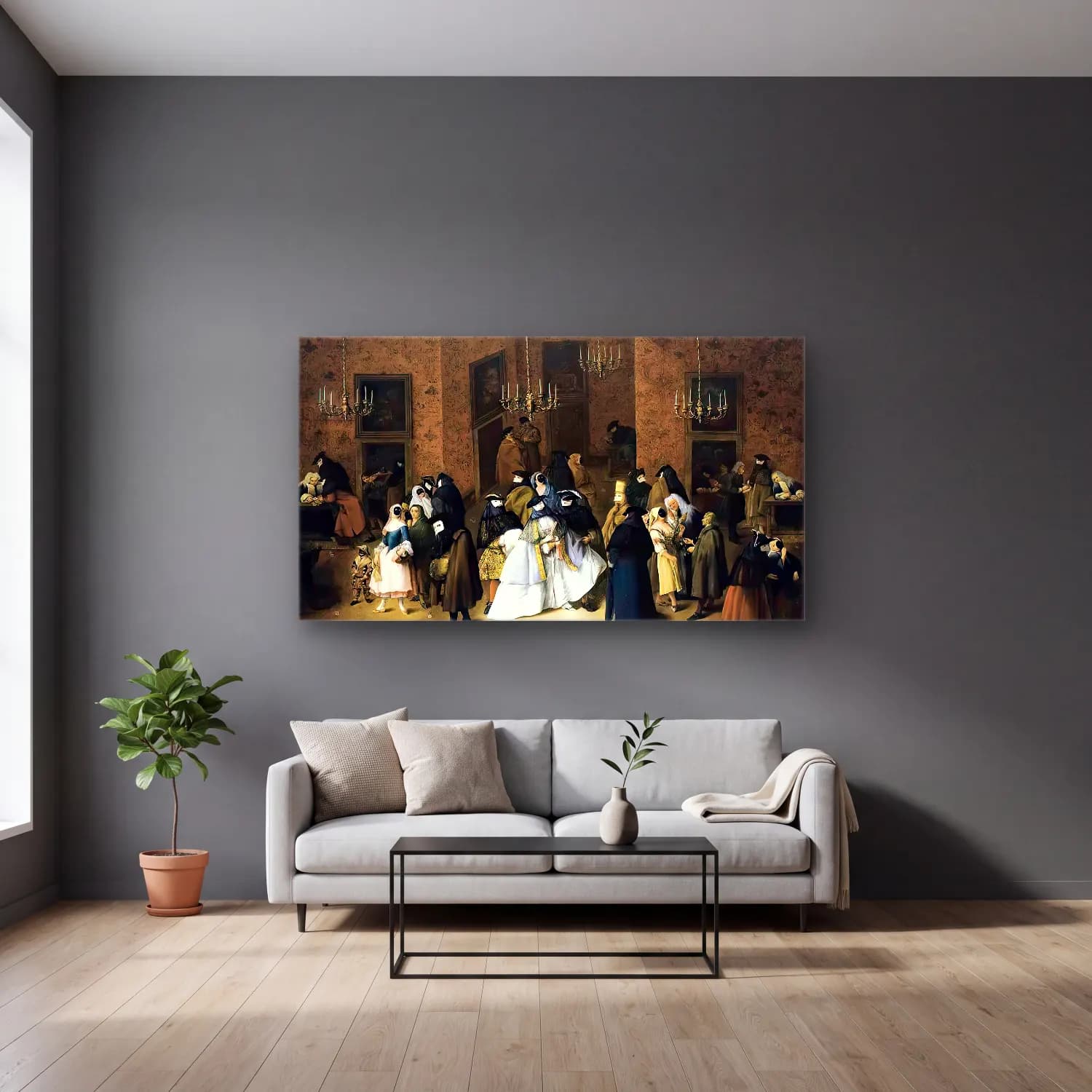 Pietro Longhi – The Ridotto in Venice cam tablo — gri duvarlı salonda