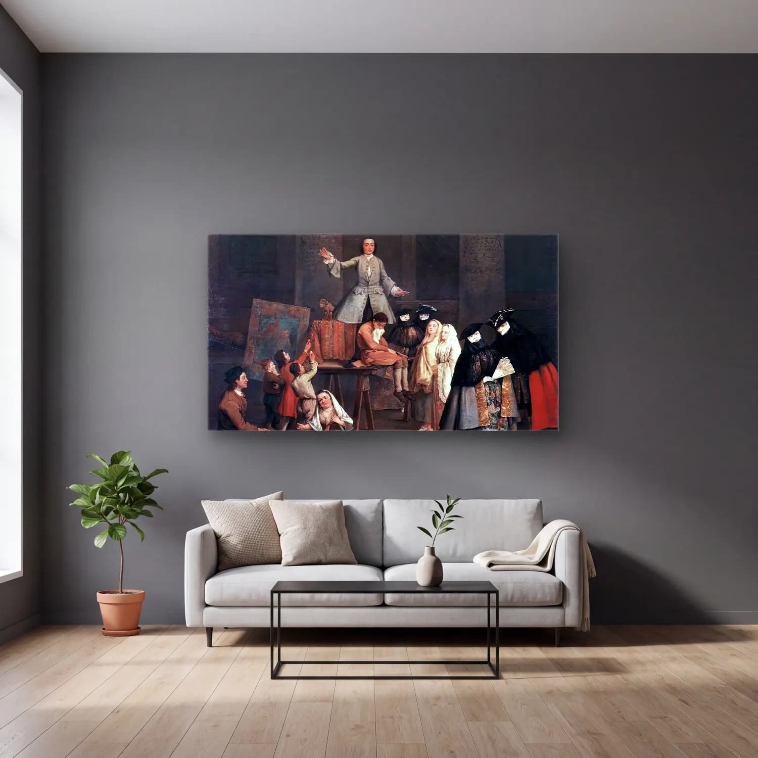 Pietro Longhi – The Tooth Puller cam tablo — gri duvarlı salonda