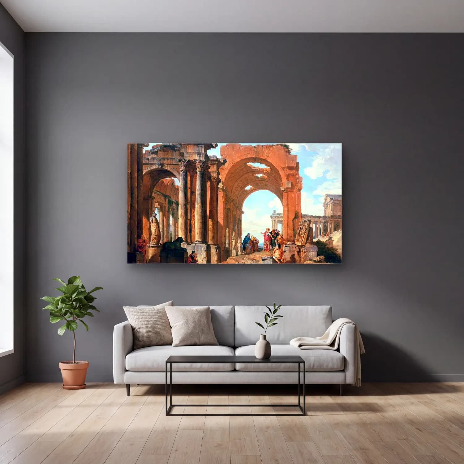 Giovanni Paolo Pannini – Architectural Capriccio cam tablo — gri duvarlı salonda