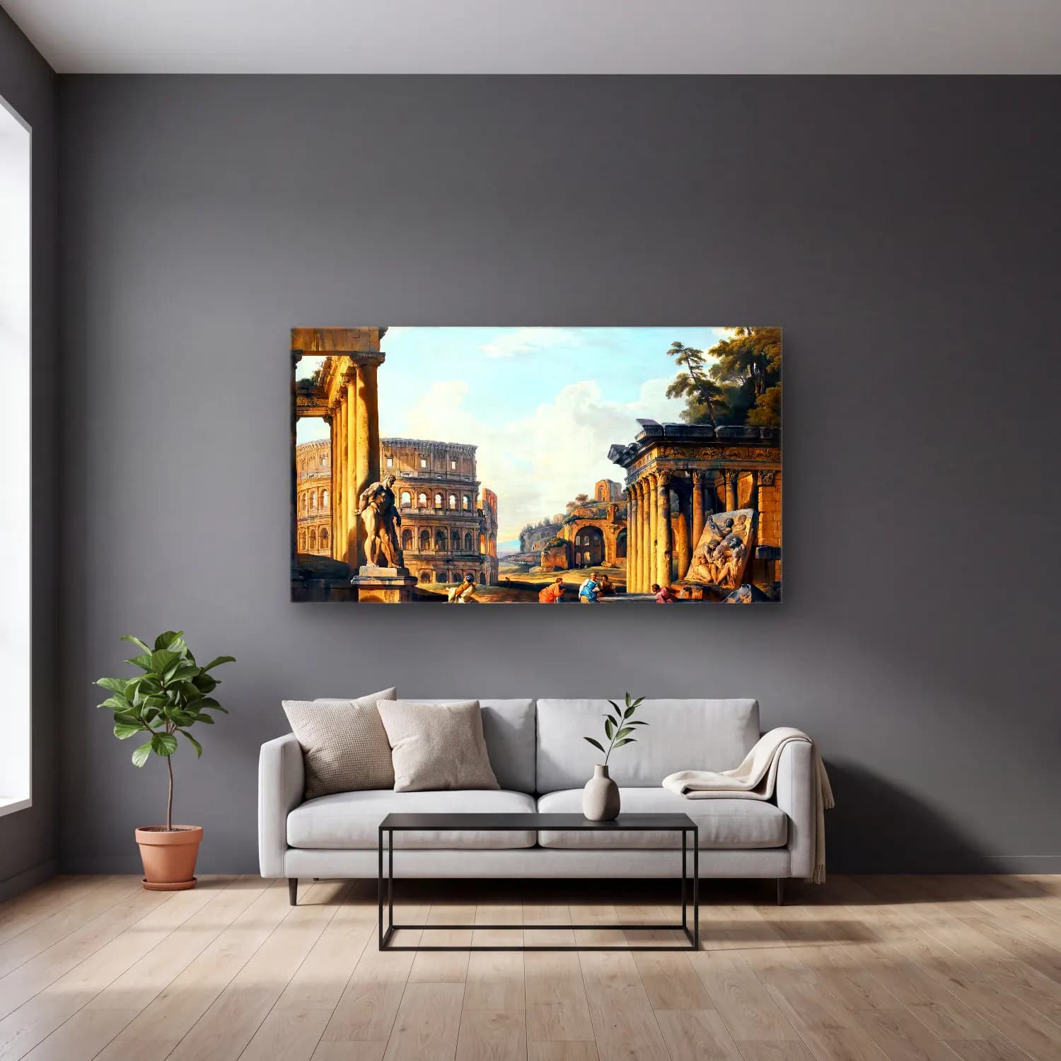 Giovanni Paolo Pannini – Capriccio of Classical Ruins cam tablo — gri duvarlı salonda