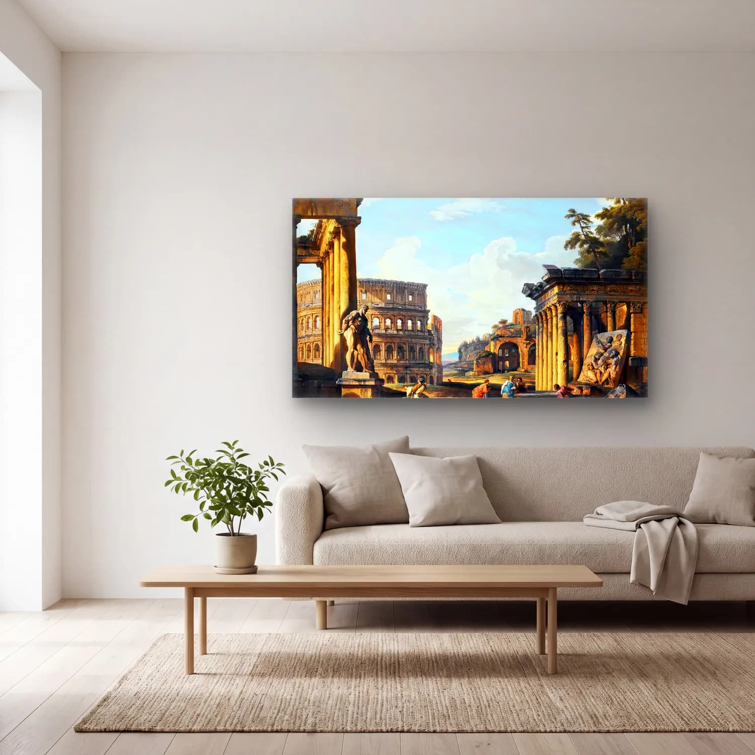 Giovanni Paolo Pannini – Capriccio of Classical Ruins cam tablo — açık renk salonda