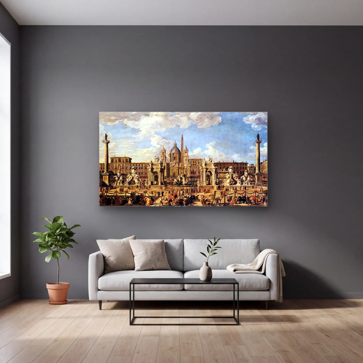Giovanni Paolo Pannini – Piazza Navona in Rome cam tablo — gri duvarlı salonda