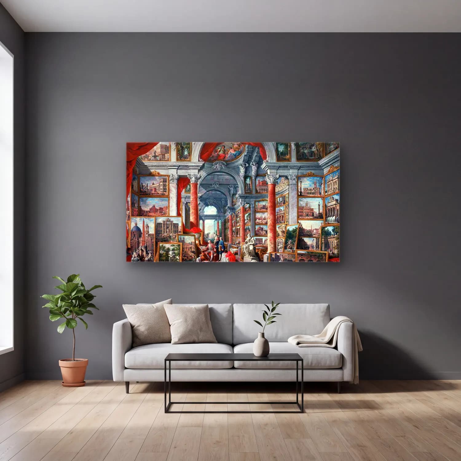 Giovanni Paolo Pannini – Picture Gallery with Views of Modern Rome cam tablo — gri duvarlı salonda