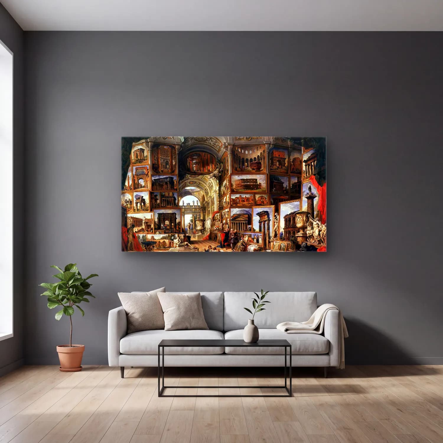 Giovanni Paolo Pannini – Roma Antica cam tablo — gri duvarlı salonda