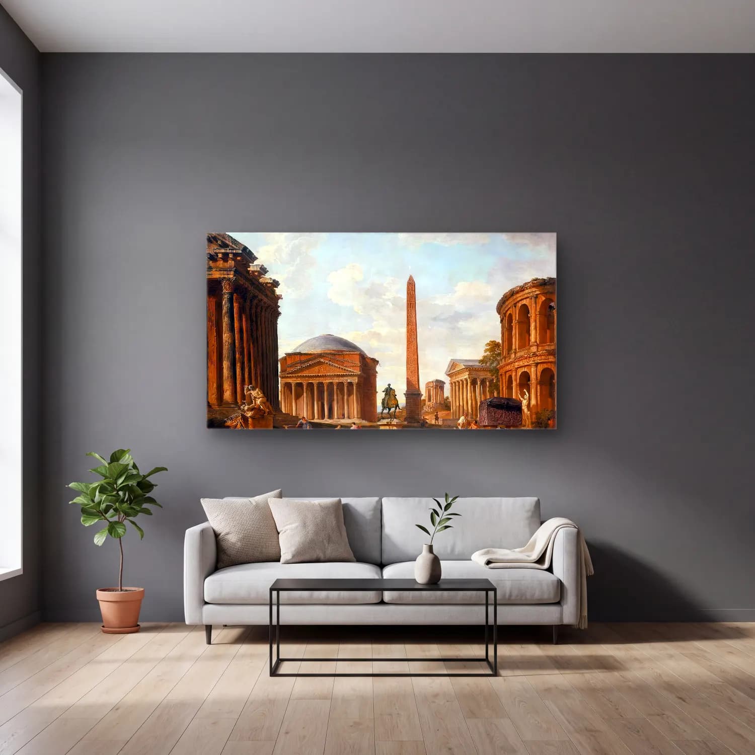 Giovanni Paolo Pannini – Roman Capriccio The Pantheon and Other Monuments cam tablo — gri duvarlı salonda
