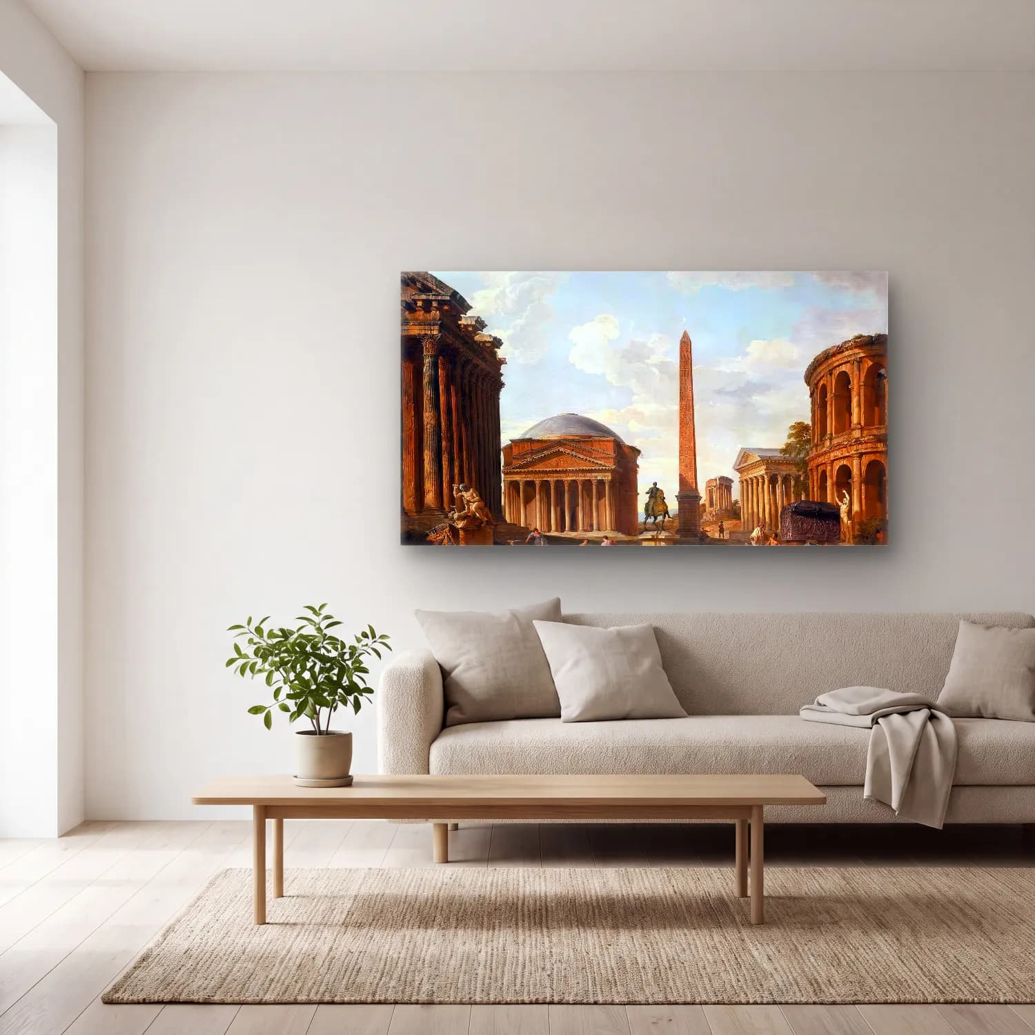 Giovanni Paolo Pannini – Roman Capriccio The Pantheon and Other Monuments cam tablo — açık renk salonda