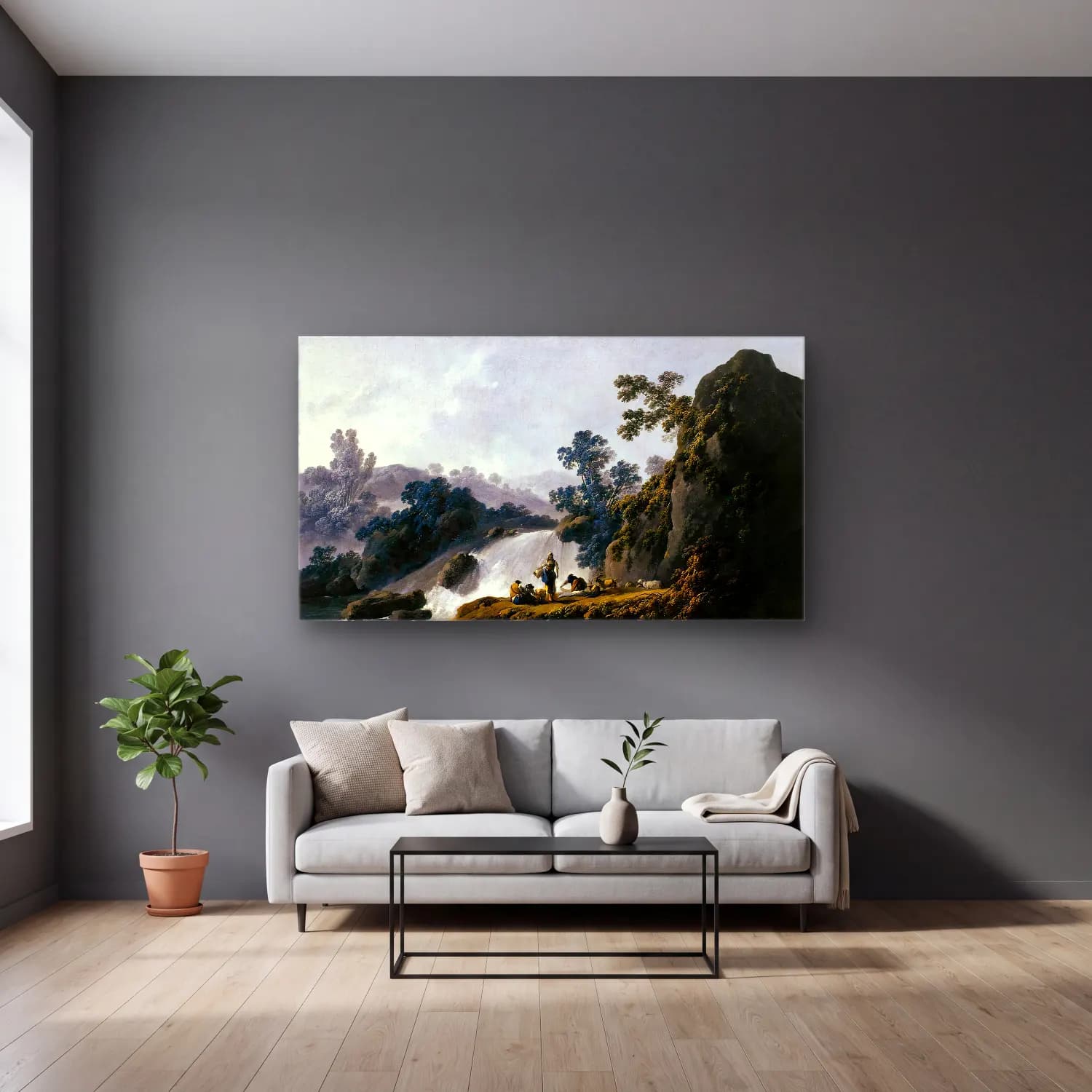 Jean-Baptiste Pillement – Landscape with Washerwomen cam tablo — gri duvarlı salonda