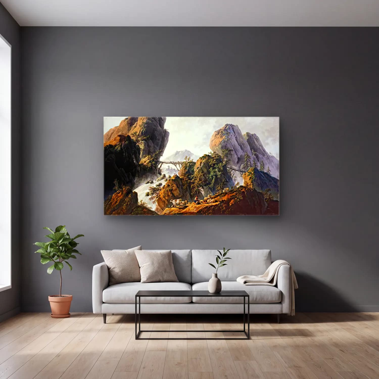 Jean-Baptiste Pillement – Mountainous Landscape cam tablo — gri duvarlı salonda