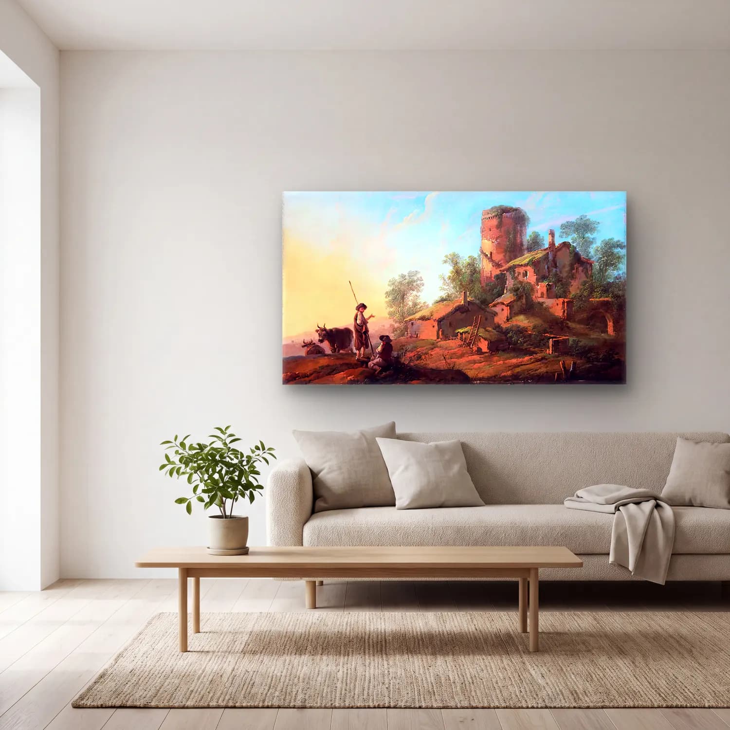 Jean-Baptiste Pillement – Pastoral Landscape with Shepherds cam tablo — açık renk salonda