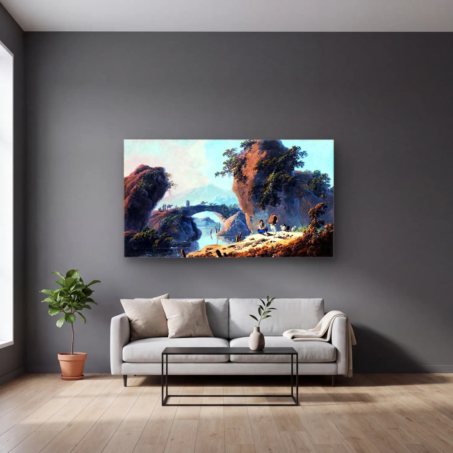 Jean-Baptiste Pillement – River Landscape cam tablo — gri duvarlı salonda