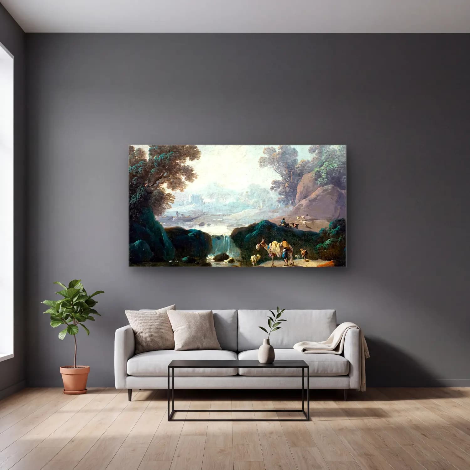 Jean-Baptiste Pillement – Waterfall Landscape in Portugal cam tablo — gri duvarlı salonda