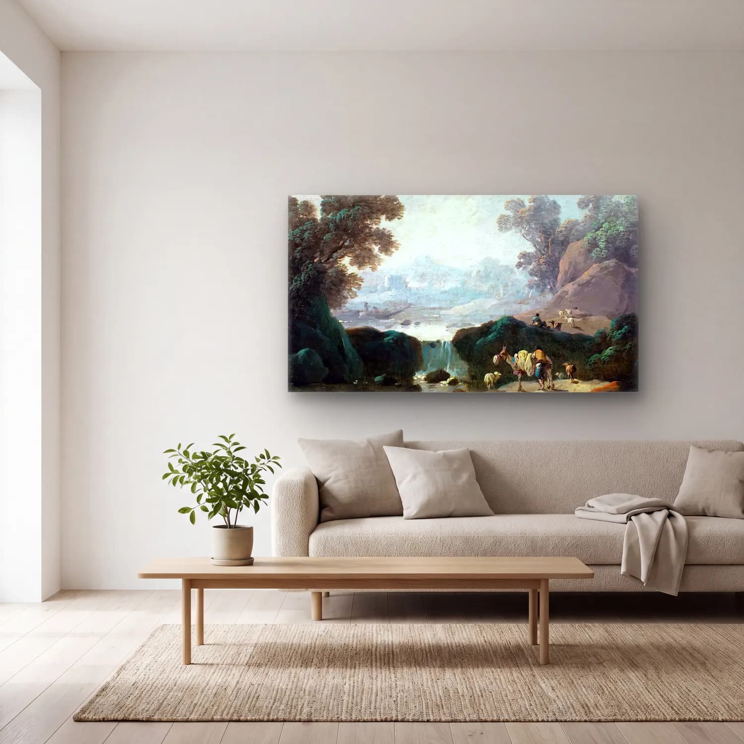 Jean-Baptiste Pillement – Waterfall Landscape in Portugal cam tablo — açık renk salonda