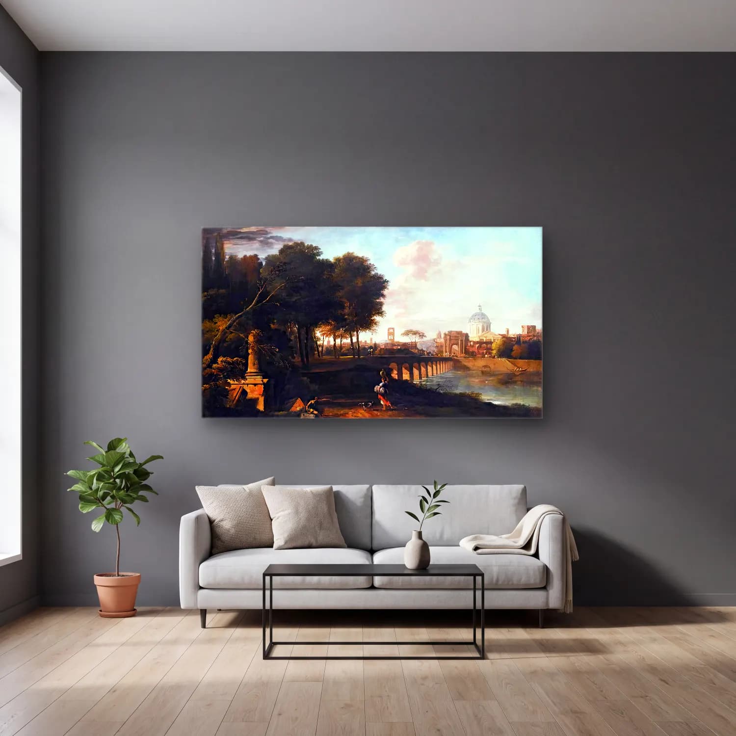 Marco Ricci – A Capriccio Landscape with a Domed Church cam tablo — gri duvarlı salonda