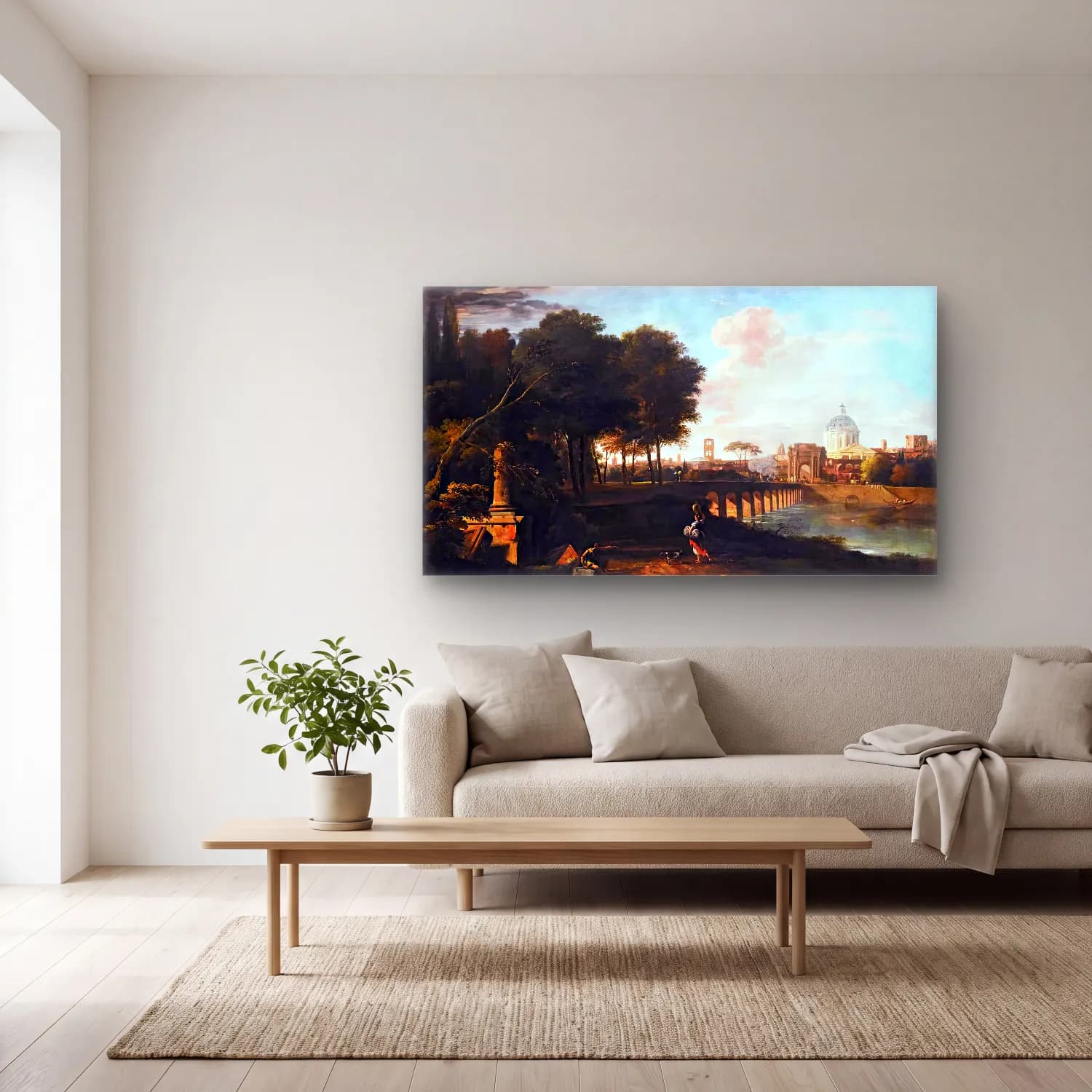 Marco Ricci – A Capriccio Landscape with a Domed Church cam tablo — açık renk salonda