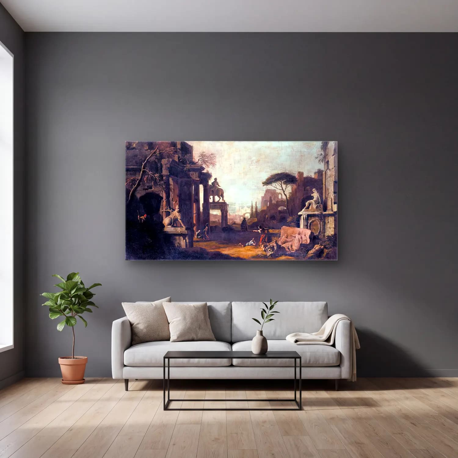 Marco Ricci – Architectural Capriccio cam tablo — gri duvarlı salonda