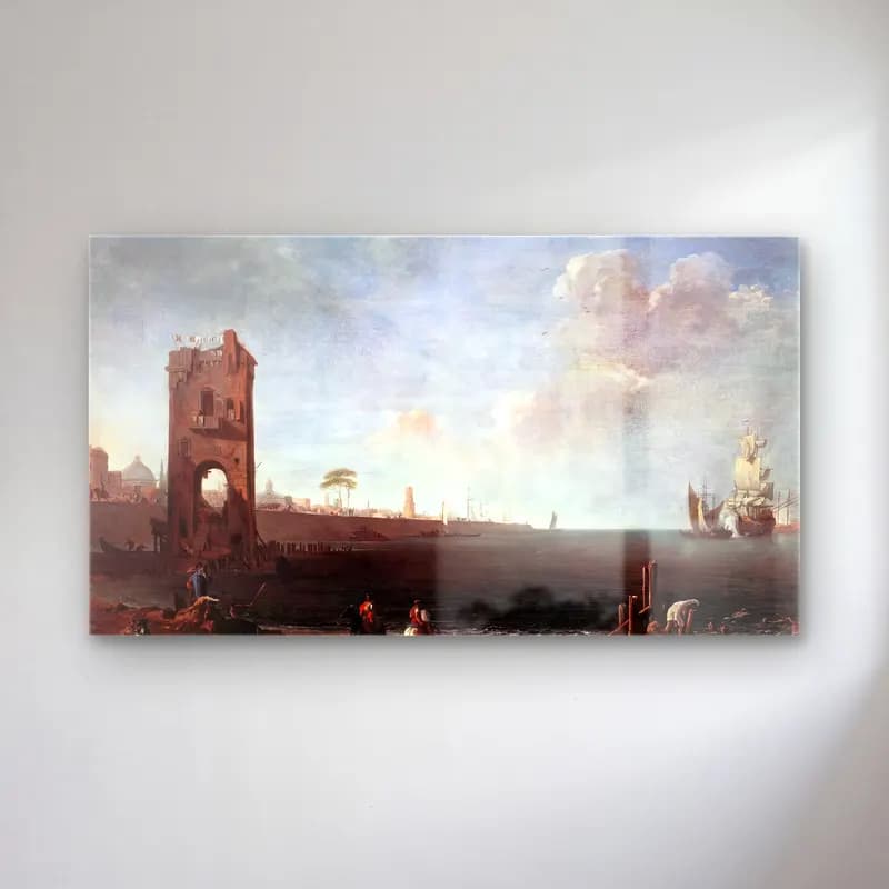 Marco Ricci – Coastal View with Tower cam tablo — Marco Ricci – Coastal View with Tower — yağlı boya liman ve tekneler
