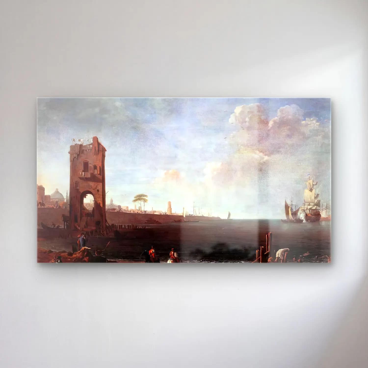 Marco Ricci – Coastal View with Tower cam tablo — Marco Ricci – Coastal View with Tower — yağlı boya liman ve tekneler