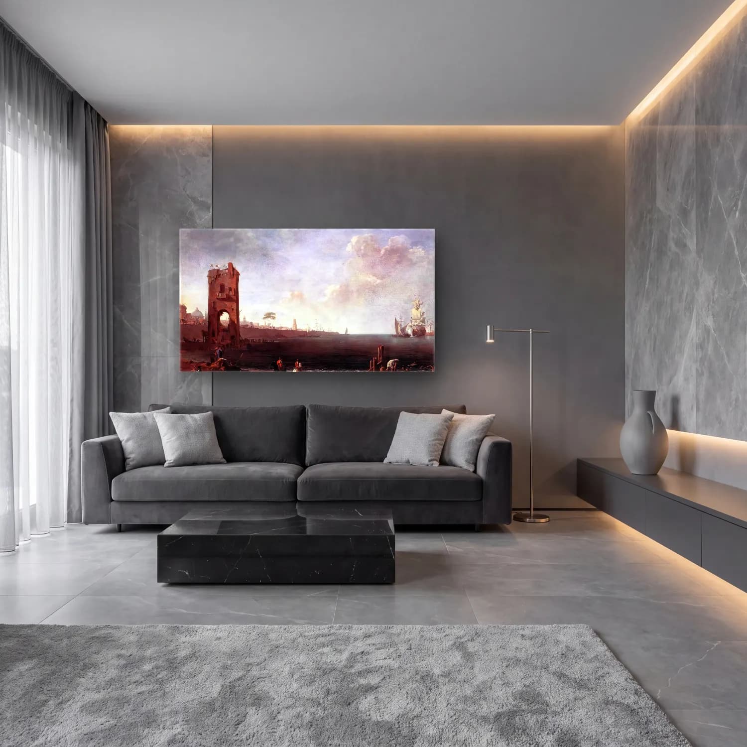 Marco Ricci – Coastal View with Tower cam tablo — lüks salon duvarında