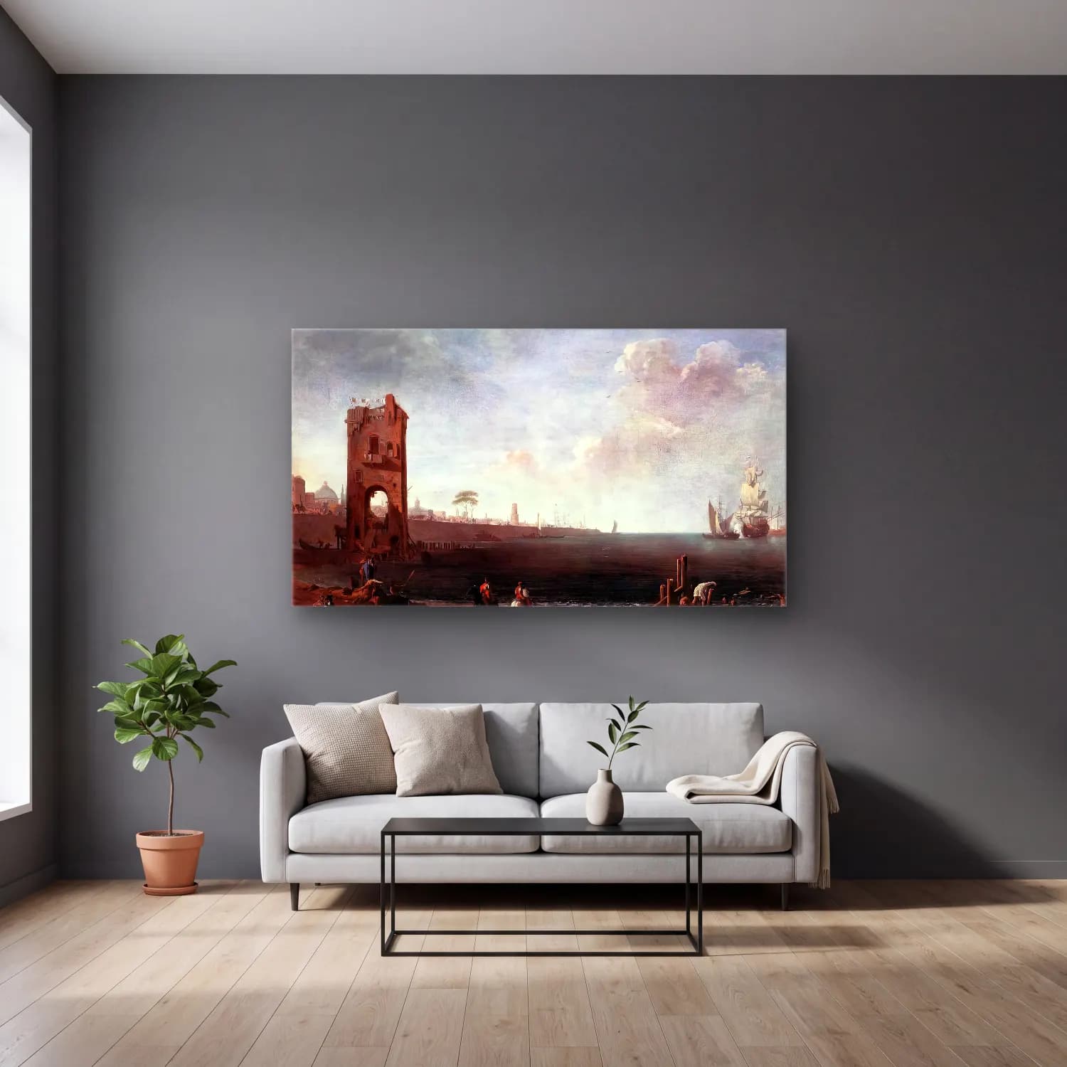 Marco Ricci – Coastal View with Tower cam tablo — gri duvarlı salonda