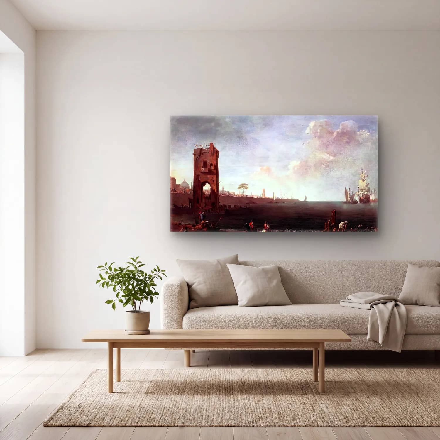 Marco Ricci – Coastal View with Tower cam tablo — açık renk salonda