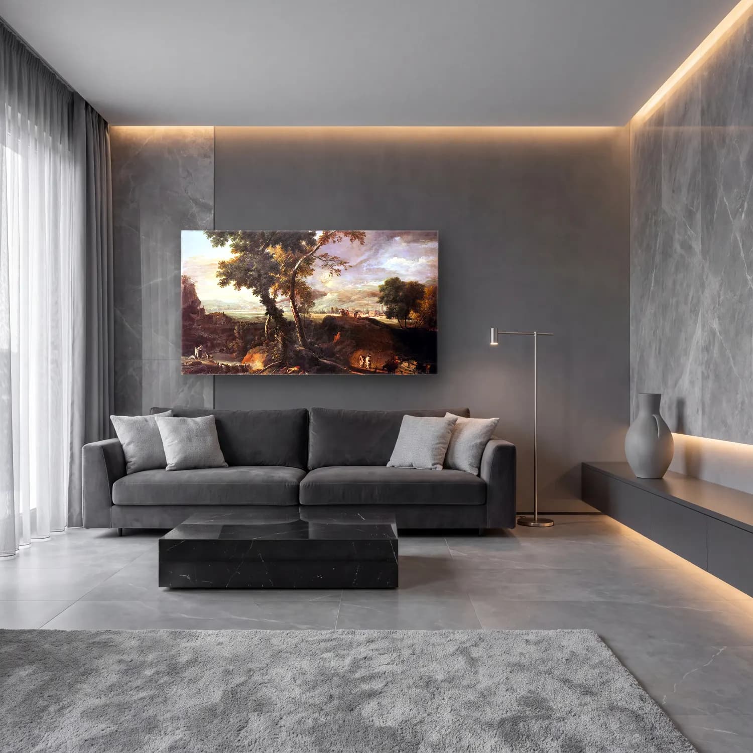 Marco Ricci – Landscape with River and Figures cam tablo — lüks salon duvarında