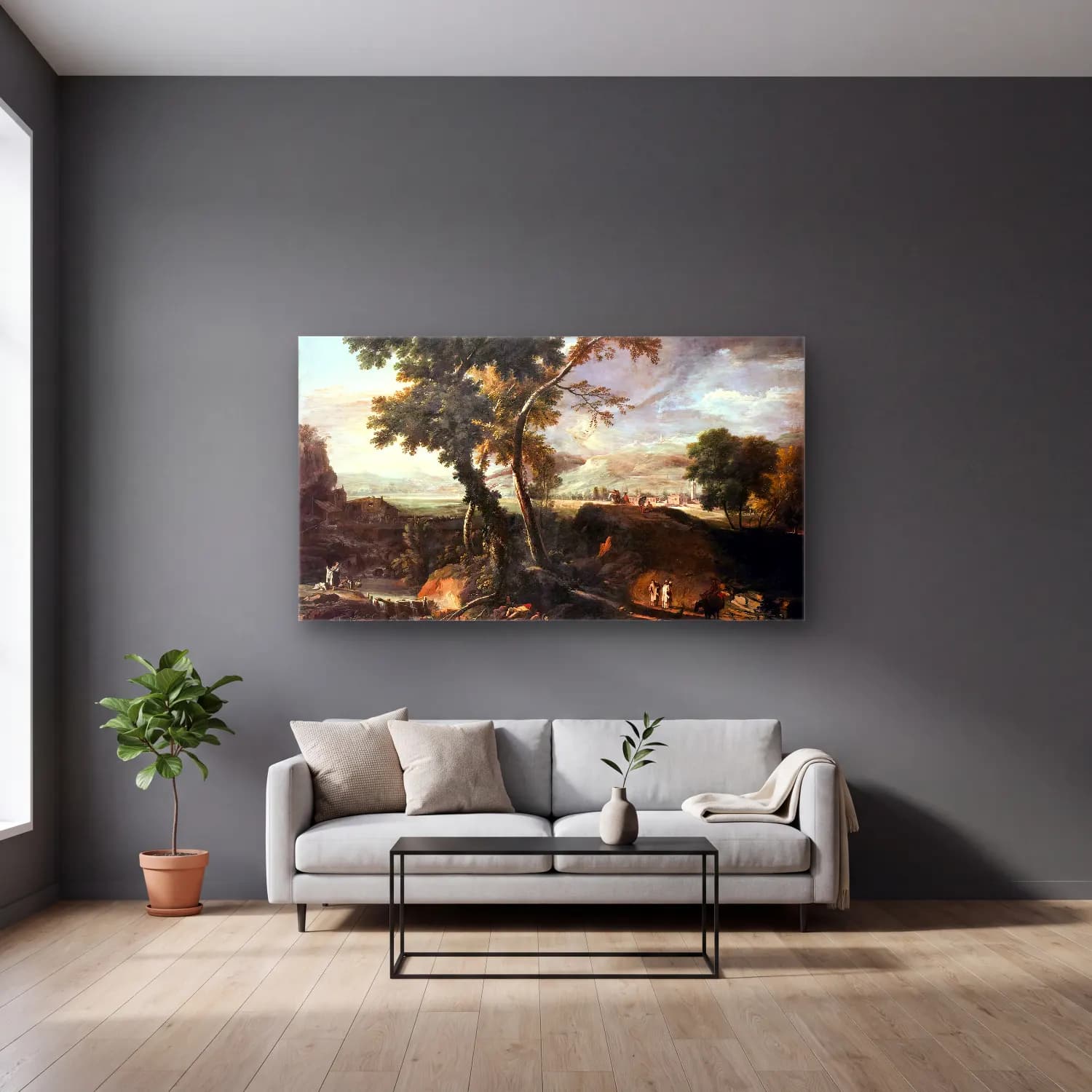 Marco Ricci – Landscape with River and Figures cam tablo — gri duvarlı salonda