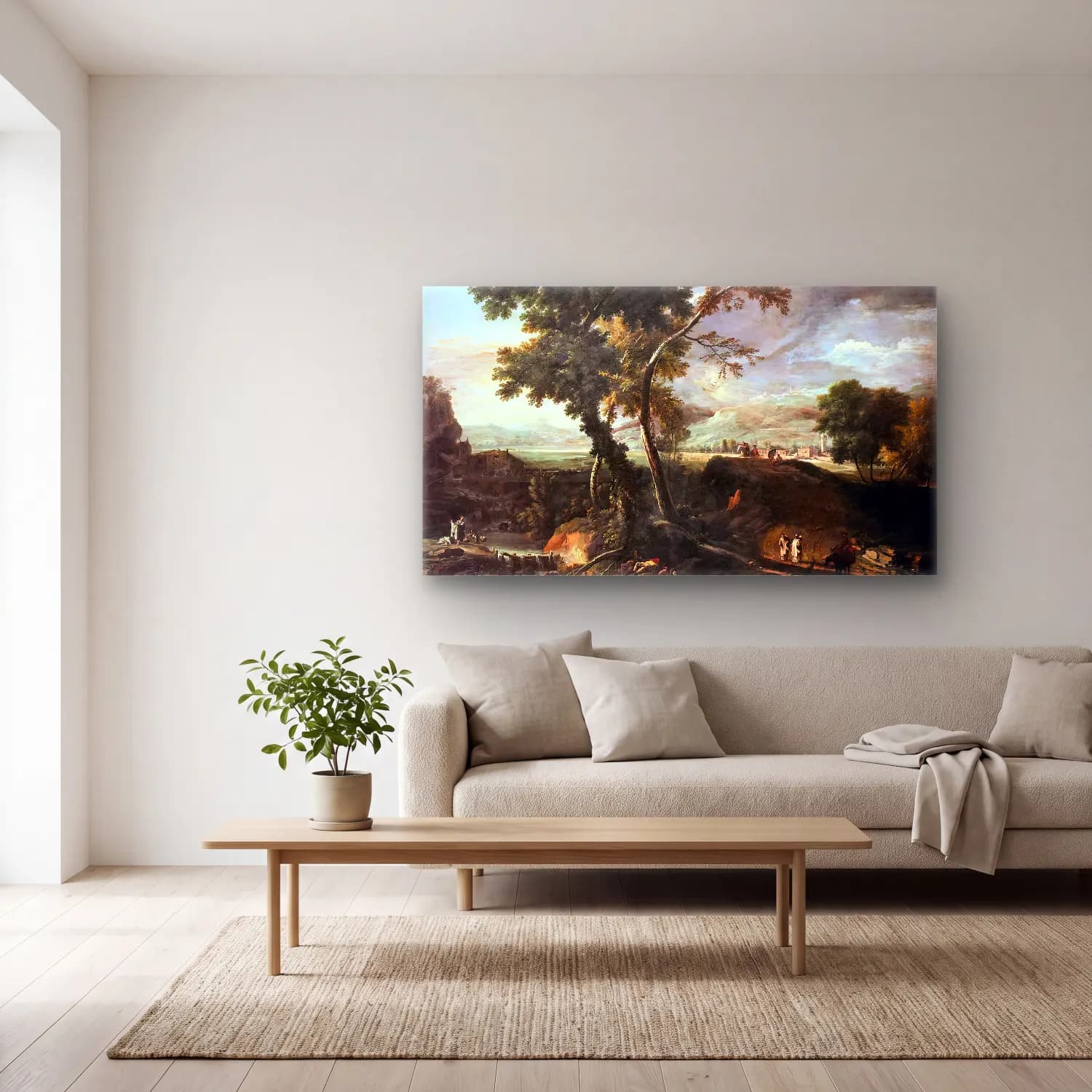 Marco Ricci – Landscape with River and Figures cam tablo — açık renk salonda