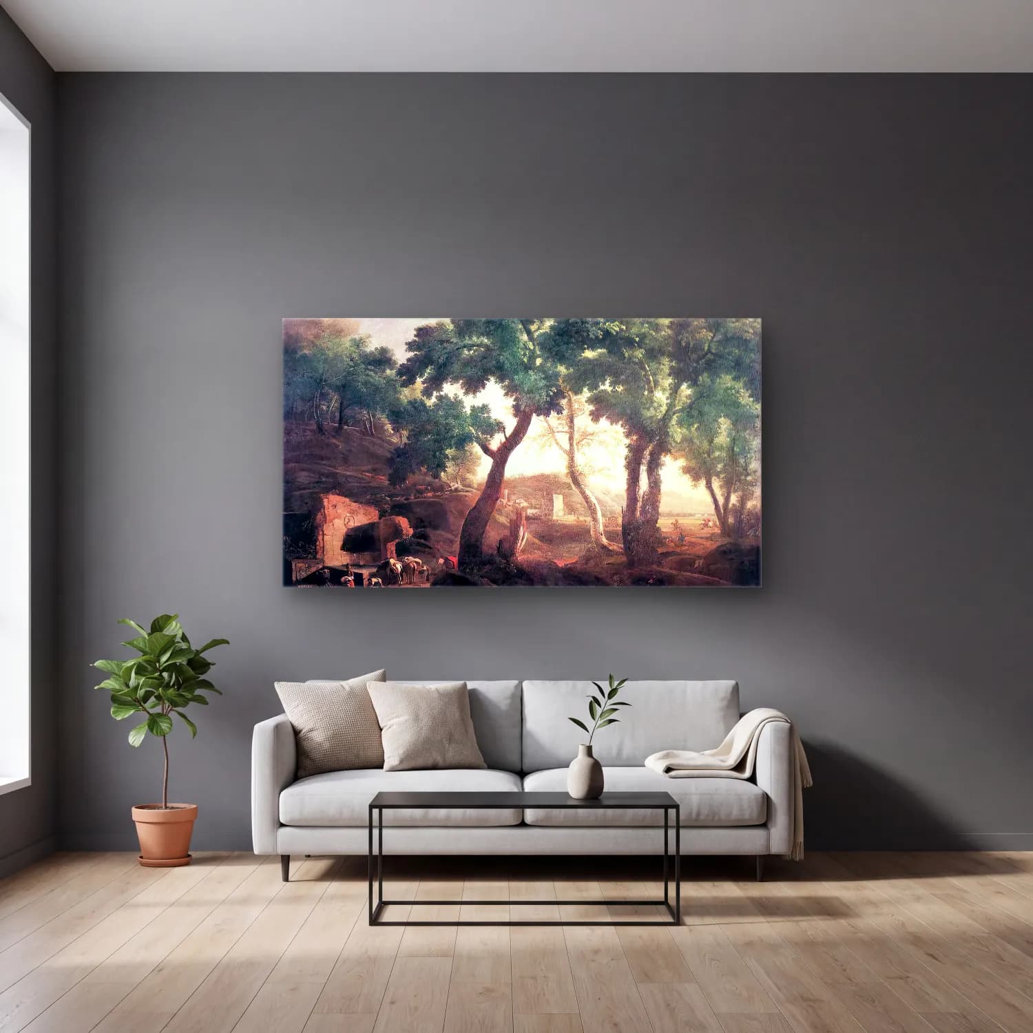 Marco Ricci – Landscape with Watering Horses cam tablo — gri duvarlı salonda