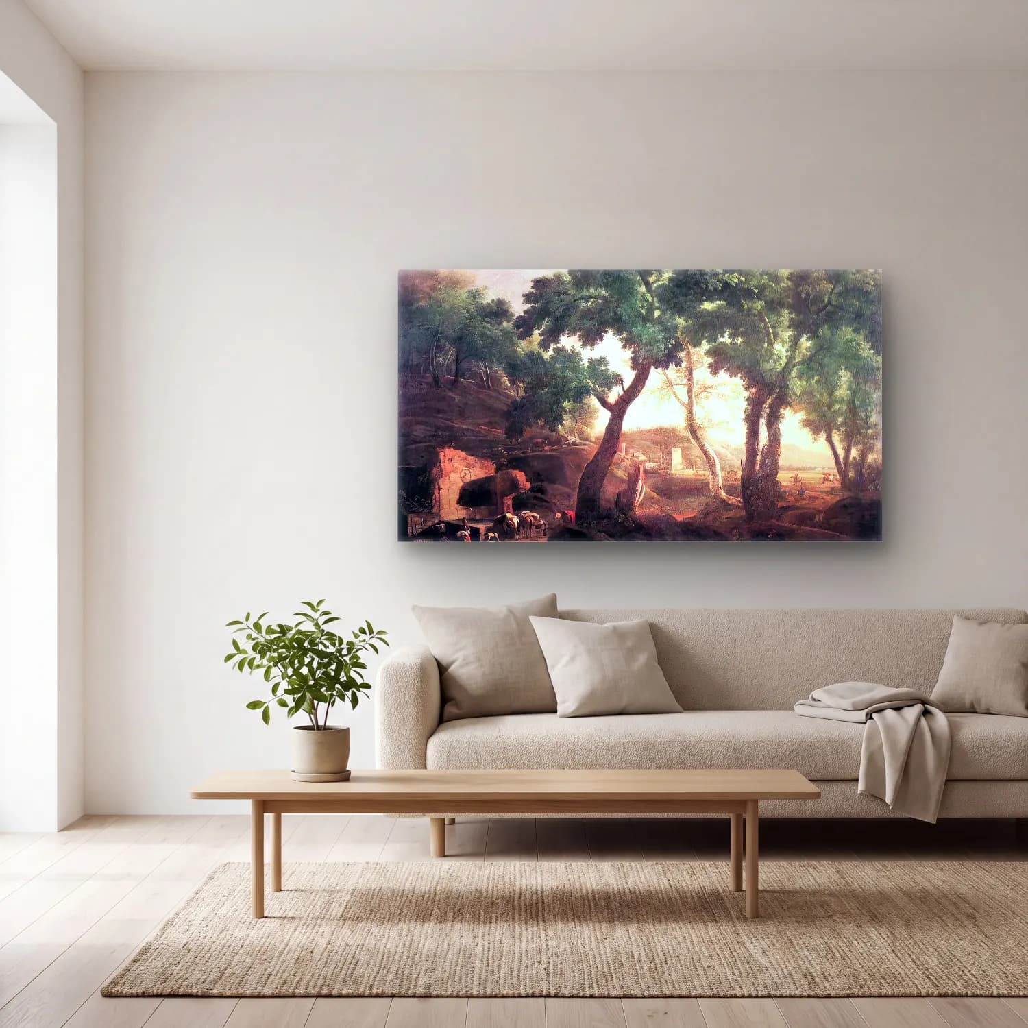Marco Ricci – Landscape with Watering Horses cam tablo — açık renk salonda