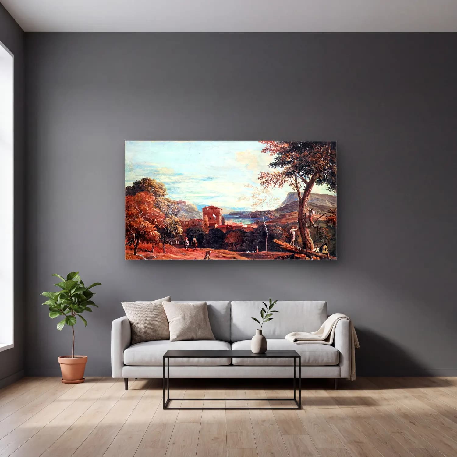 Marco Ricci – Landscape with Woodcutters and Two Horsemen cam tablo — gri duvarlı salonda