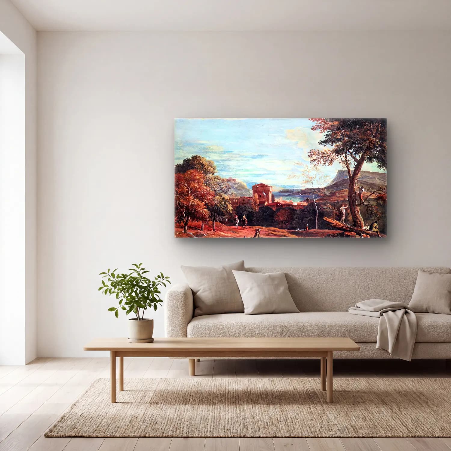 Marco Ricci – Landscape with Woodcutters and Two Horsemen cam tablo — açık renk salonda