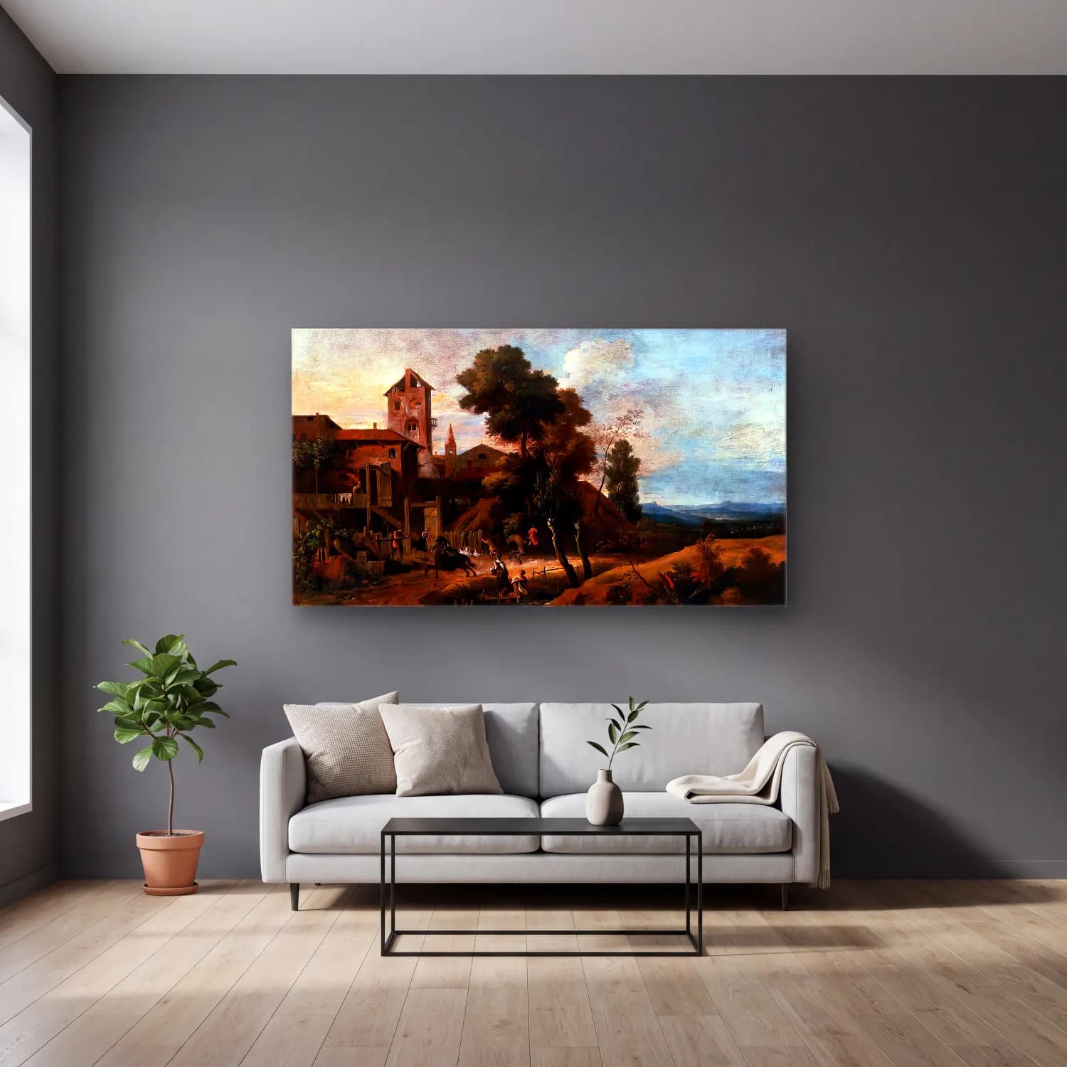 Marco Ricci – Landscape cam tablo — gri duvarlı salonda