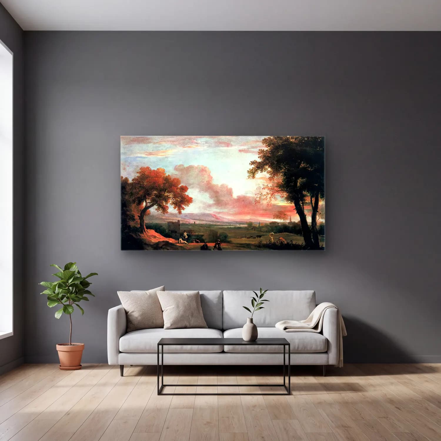Marco Ricci – Southern Landscape at Twilight cam tablo — gri duvarlı salonda