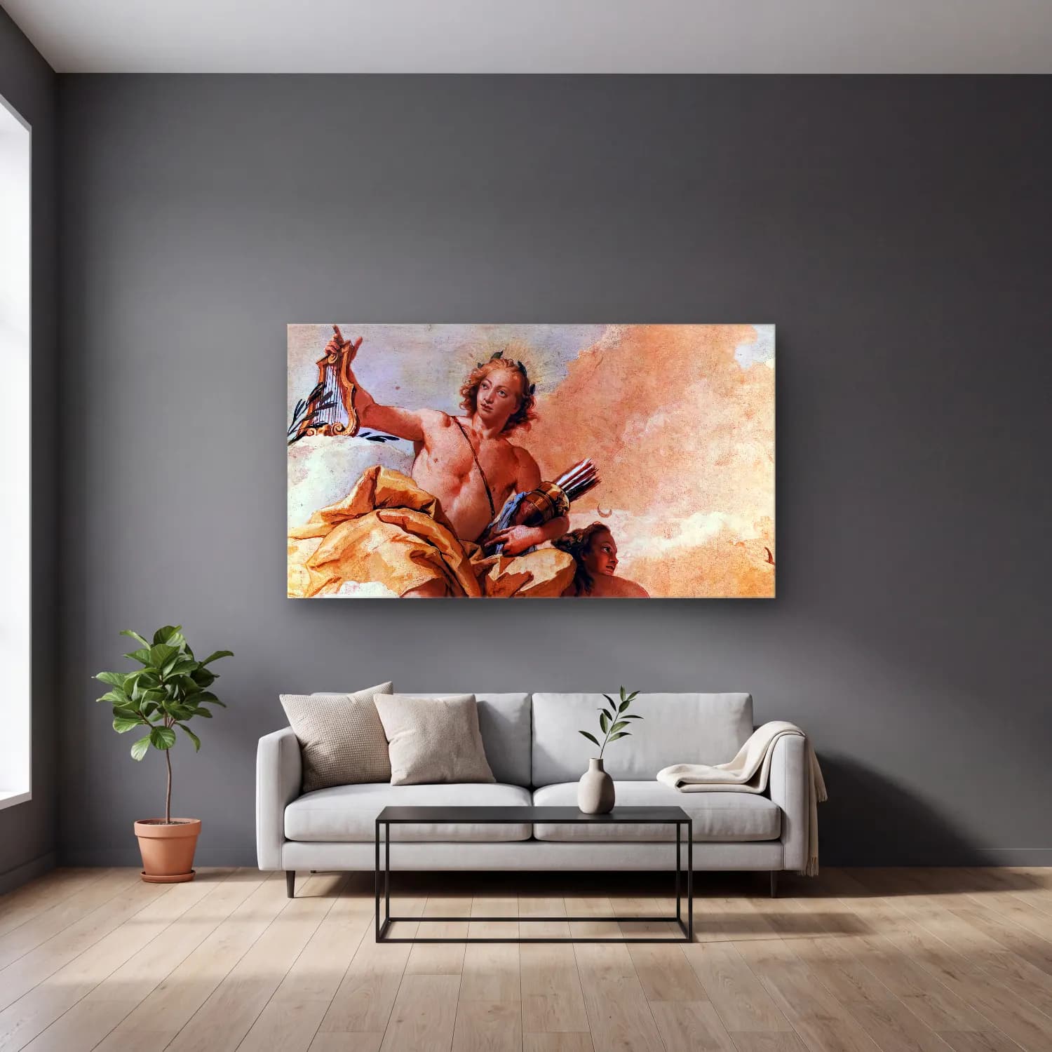 Giovanni Battista Tiepolo – Apollo and Diana cam tablo — gri duvarlı salonda