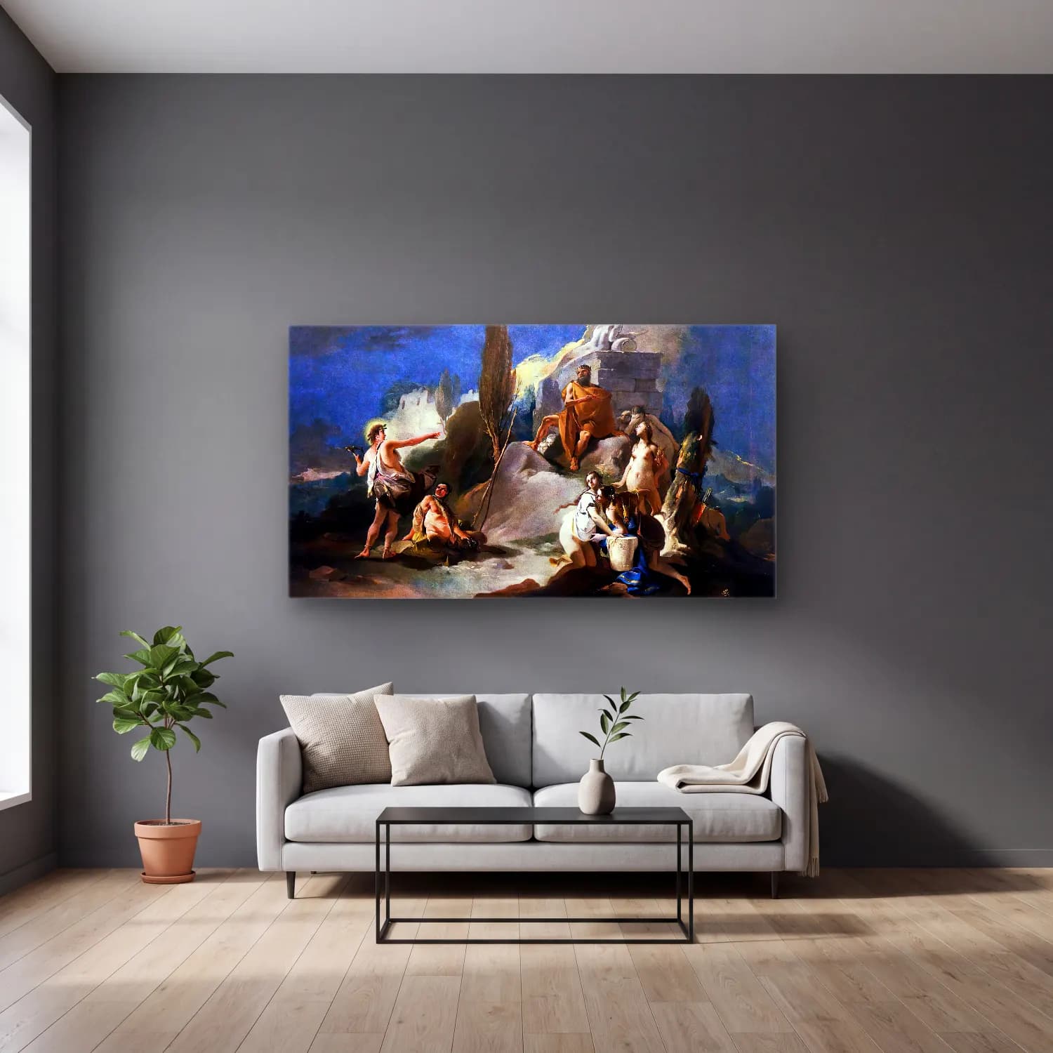 Giovanni Battista Tiepolo – Apollo and Marsyas cam tablo — gri duvarlı salonda