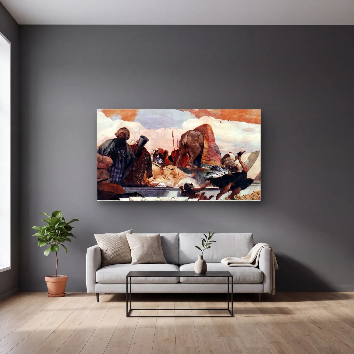 Giovanni Battista Tiepolo – Apollo and the Continents (Africa, left-hand side) cam tablo — gri duvarlı salonda