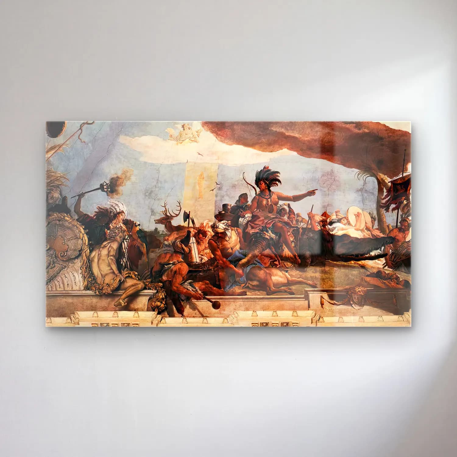 Giovanni Battista Tiepolo – Apollo and the Continents (America, left-hand side) cam tablo — Giovanni Battista Tiepolo – Apollo and the Continents (America, left-hand side) — yağlı boya savaş sahnesi