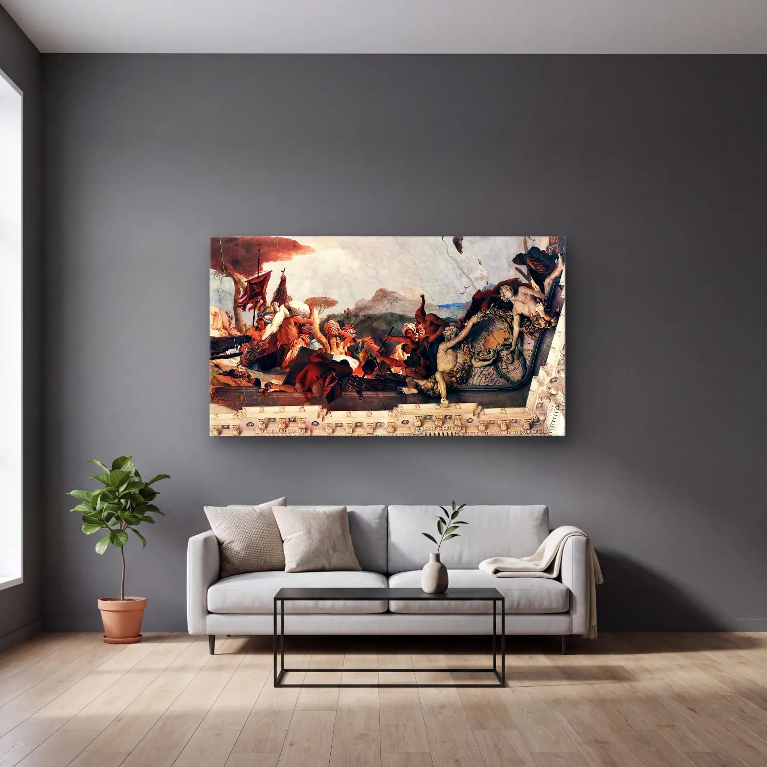 Giovanni Battista Tiepolo – Apollo and the Continents (America, right-hand side) cam tablo — gri duvarlı salonda