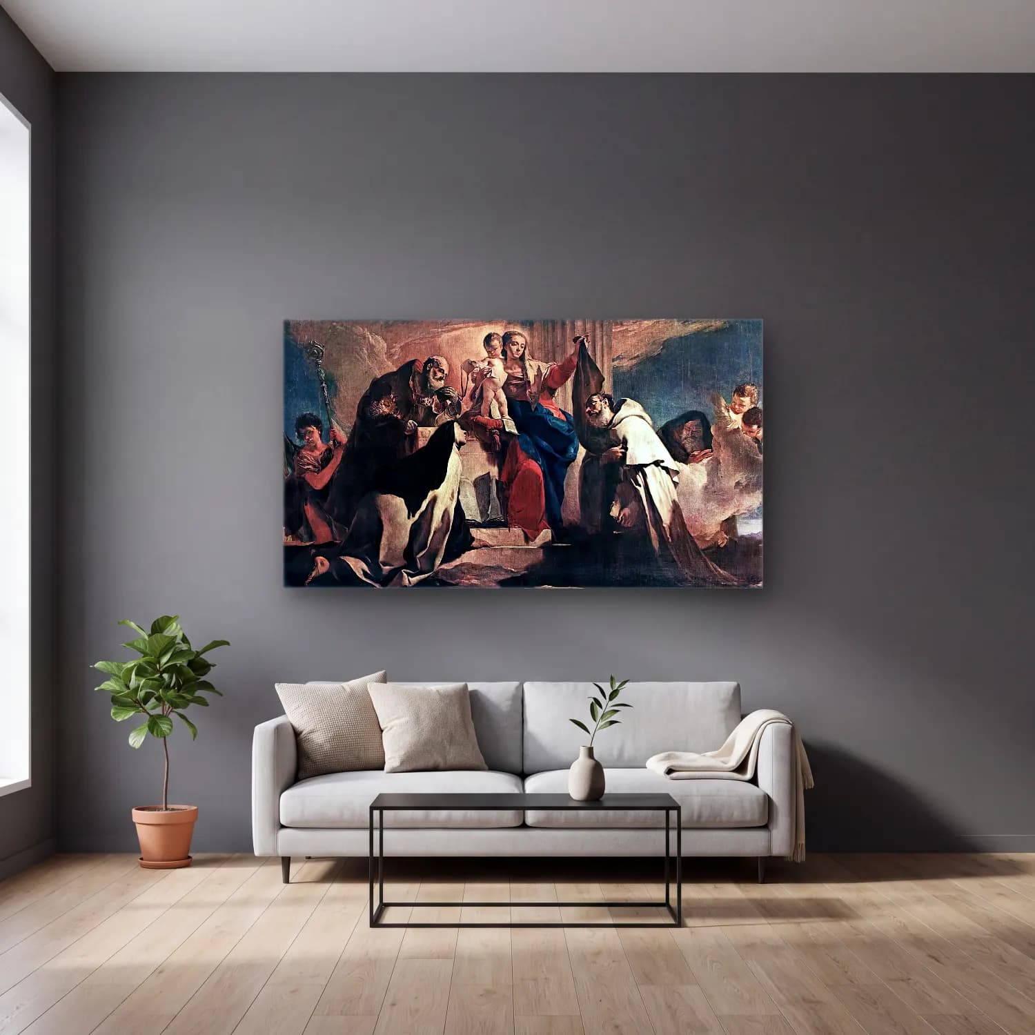 Giovanni Battista Tiepolo – The Madonna of Carmel and the Souls of the Purgatory… cam tablo — gri duvarlı salonda