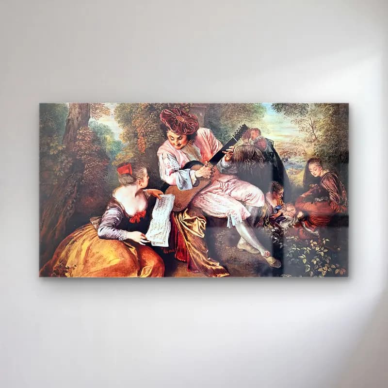 Jean-Antoine Watteau – La gamme d amour (The Love Song) cam tablo — Jean-Antoine Watteau – La gamme d amour (The Love Song) — vintage kitap okuyan kadın