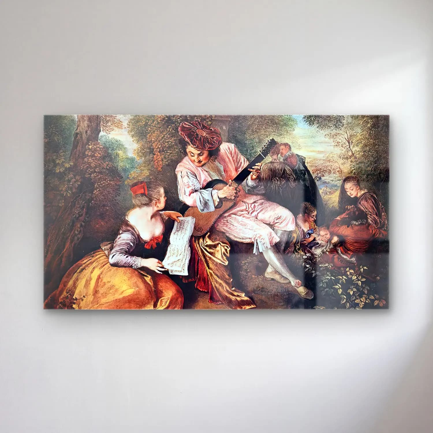 Jean-Antoine Watteau – La gamme d amour (The Love Song) cam tablo — Jean-Antoine Watteau – La gamme d amour (The Love Song) — vintage kitap okuyan kadın
