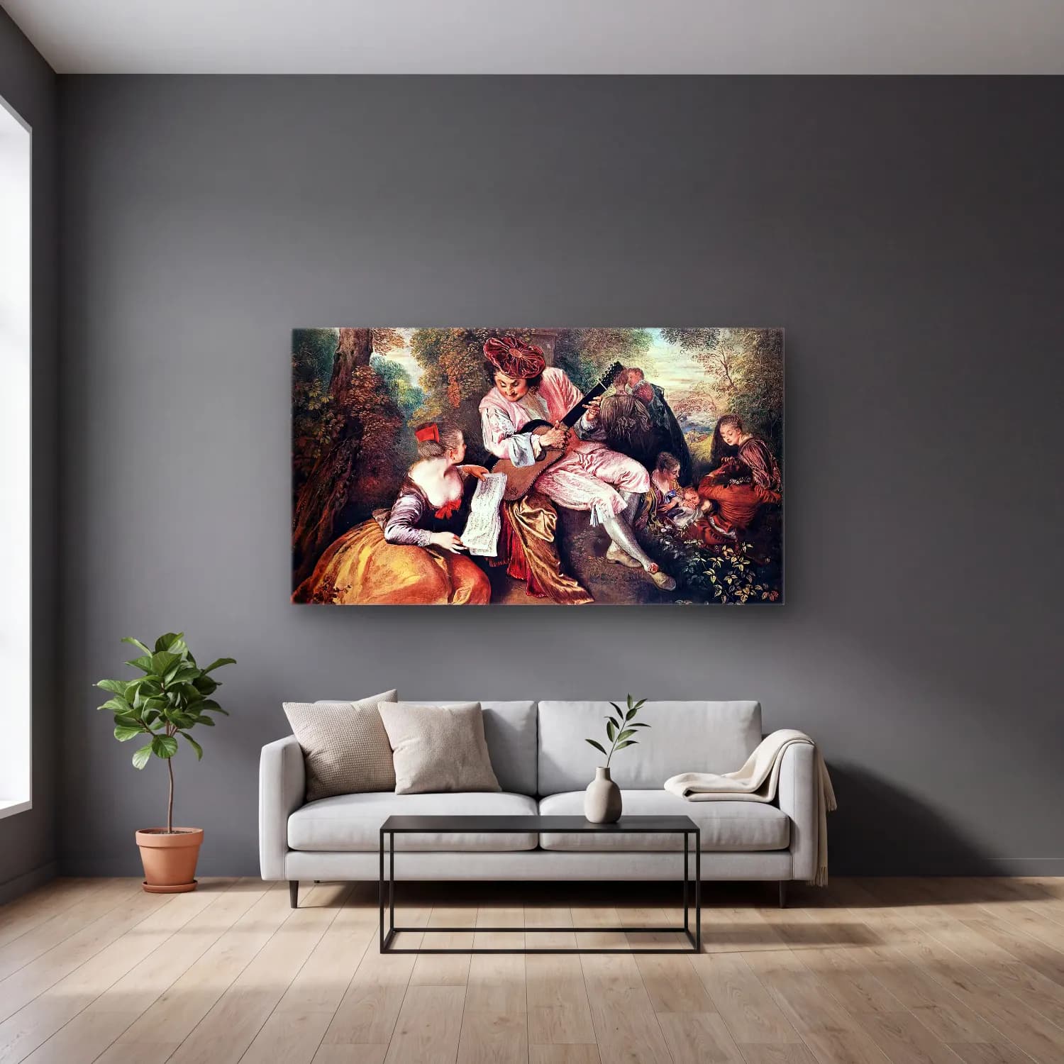 Jean-Antoine Watteau – La gamme d amour (The Love Song) cam tablo — gri duvarlı salonda